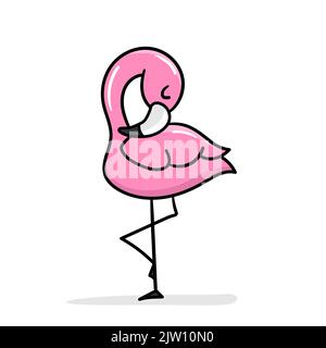 Cute cartoon flamingo standing on one leg. A funny pink flamingo sleeping and relaxing. Vector clip art illustration. Hand-drawn simple style. Stock Vector