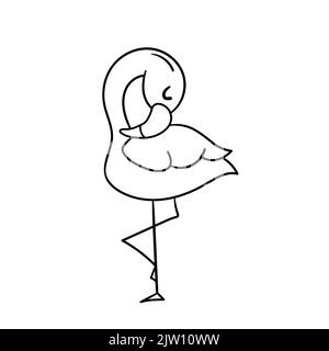 Cute cartoon flamingo standing on one leg. A funny flamingo sleeping and relaxing. Vector illustration. Hand-drawn simple style for coloring book Stock Vector