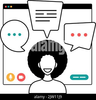 businesswoman chatting during video call outline style illustration. Woman having virtual conference during video call remote work quarantine isolatio Stock Vector