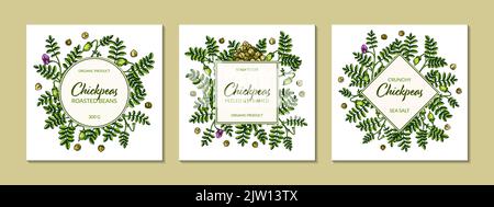 Set of colorful chickpeas frames. Hand drawn illustration in colored sketch style. Botany design for packaging, label, banner, logo Stock Vector