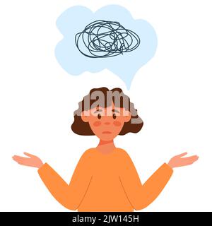 Young confused girl in cartoon flat style. Concept of confusion, difficult choices, confused thoughts, not knowing what to do. Vector illustration of Stock Vector