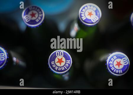 Heineken alcohol free beers are seen in a refrigerator in this photo illustration in Warsaw, Poland on 01 September, 2022. An increase in the price of Stock Photo
