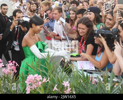 Venice, Italy. 02nd Sep, 2022. Canadian actress Taylor Russell attends the premiere of Bones And All at the 79th Venice Film Festival, Italy on Wednesday, September 2, 2022. Photo by Rune Hellestad/ Credit: UPI/Alamy Live News Stock Photo