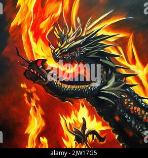 Fantasy evil dragon portrait. Surreal artwork of danger dragon from medieval mythology. Oil painting art Stock Photo