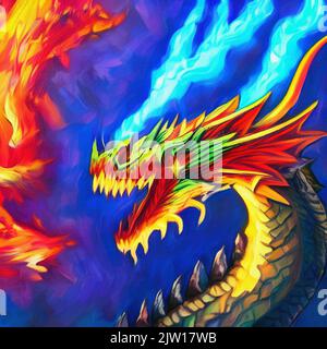 Fantasy evil dragon portrait. Surreal artwork of danger dragon from medieval mythology. Oil painting art Stock Photo