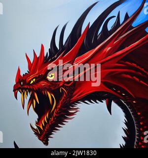 Fantasy evil dragon portrait. Surreal artwork of danger dragon from medieval mythology. Oil painting art Stock Photo