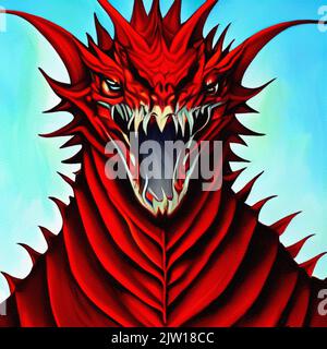 Fantasy evil dragon portrait. Surreal artwork of danger dragon from medieval mythology. Oil painting art Stock Photo