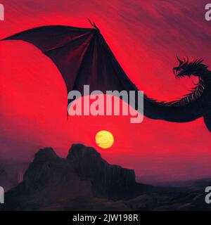 Fantasy evil dragon portrait. Surreal artwork of danger dragon from medieval mythology. Oil painting art Stock Photo