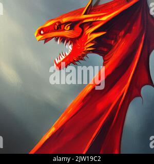 Fantasy evil dragon portrait. Surreal artwork of danger dragon from medieval mythology. Oil painting art Stock Photo