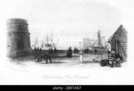 AJAXNETPHOTO. 1842. OLD PORTSMOUTH, ENGLAND. - BLOCKHOUSE, POINT, PORTSMOUTH - A VIEW FROM OLD PORTSMOUTH ACROSS THE HARBOUR MOUTH TOWARD FORT BLOCKHOUSE DATED 18TH FEBRUARY, 1842. IMAGE FROM ORIGINAL 1842 ENGRAVING PUBLISHED BY J & F HARWOOD OF 26 FENCHURCH STREET, LONDON. © DIGITAL IMAGE COPYRIGHT AJAX VINTAGE PICTURE LIBRARY SOURCE: AJAX VINTAGE PICTURE LIBRARY COLLECTION REF:ENGR 1842 1