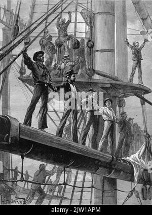 AJAXNETPHOTO. 1797. SPITHEAD MUTINY. MUTINEER SAILORS OF THE ROYAL NAVY MAN THE YARDS OF A WARSHIP VOICING THEIR DEMANDS ON THE ADMIRALTY IN THIS 1890 STEEL ENGRAVING BY W.H.OVEREND.    © IMAGE COPYRIGHT AJAX VINTAGE PICTURE LIBRARY SOURCE: AJAX VINTAGE PICTURE LIBRARY COLLECTION REF:211702 ENG03 Stock Photo