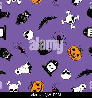 Vector design of pattern with characteristic elements of the Halloween party. Halloween pattern with bat, ghost, black cat, spiders, skulls and pumpki Stock Vector