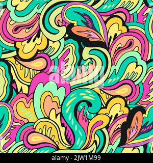 Seamless pattern with floral and plants element in psychedelic funky style in pastel colors Stock Vector