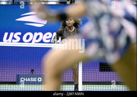 New York, USA. 02nd Sep, 2022. Serena Williams, of the United States, plays against Ajla Tomljanovic, of Austrailia, during the third round of the U.S. Open tennis championships inside Arthur Ashe stadium at at the USTA Billie Jean King National Tennis Center in Flushing Meadows Corona Park New York, September 2, 2022. (Photo by Anthony Behar/Sipa USA) Credit: Sipa USA/Alamy Live News Stock Photo