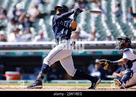 DETROIT, MI - SEPTEMBER 1: Seattle Mariners center Fielder Julio Rodriguez (44) hits a solo home run to left Field in the third inning of a game against the Detroit Tigers on September 1, 2022 at Comerica Park in Detroit, Michigan. (Photo by Joe Robbins/Image of Sport) Stock Photo