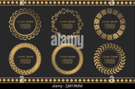 gold circle frame wreath collection. Circular baroque pattern. Round floral ornament. Vintage Frames. Greeting card. Wedding invitation. retro style Stock Vector