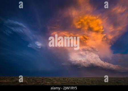 Supercell storm cloud at sunset near Hasty, Colorado Stock Photo