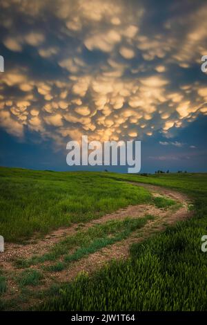 Mammatus clouds over a farm road in South Dakota, near Belle Fourche Stock Photo