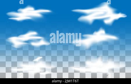 set of realistic white clouds, with various shapes and transparent blue background Stock Vector