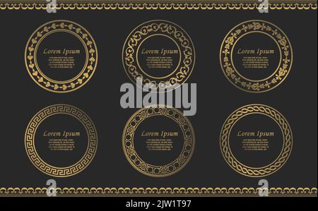 gold circle luxury frame wreath collection. Circular baroque pattern. Round floral ornament. Vintage Frames. Greeting card. Wedding invitation Stock Vector