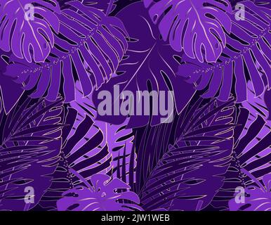 Seamless purple pattern monstera and palm leaves. Stock Vector