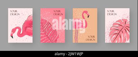 Set of Tropical cover with flamingo and leaves. Stock Vector