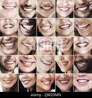 So many smiles. Which one is your favorite. Composite image of an assortment of people smiling. Stock Photo