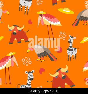 Animal seamless pattern, crane and zebra, bull Stock Vector