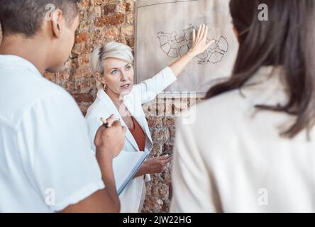 Architect manager presentation with architecture floor plan idea or strategy communication to engineer workers. Leadership, training and designer Stock Photo
