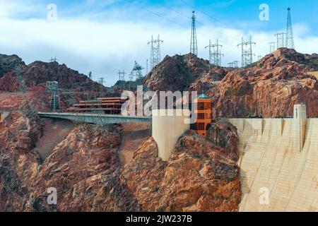 USA, Nevada,  Boulder City - February 19, 2018. Side view of Hoover Dam and the visitor center Stock Photo