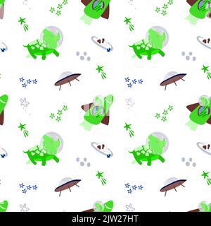 Seamless pattern of cute dinosaur astronauts. Vector in cartoon style. Dinosaur astronaut with planets, comets and stars around. Can be used for greet Stock Vector