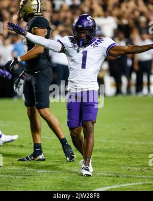 Boulder, CO, USA. 02nd Sep, 2022. TCU Horned Frogs cornerback Tre'Vius Hodges-Tomlinson (1) signals incomplete after breaking a pass in the first half of the football game between Colorado and TCU at Folsom Field in Boulder, CO. Derek Regensburger/CSM/Alamy Live News Stock Photo