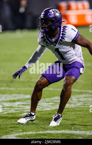 Boulder, CO, USA. 02nd Sep, 2022. TCU Horned Frogs cornerback Tre'Vius Hodges-Tomlinson (1) drops back in coverage in the first half of the football game between Colorado and TCU at Folsom Field in Boulder, CO. Derek Regensburger/CSM/Alamy Live News Stock Photo