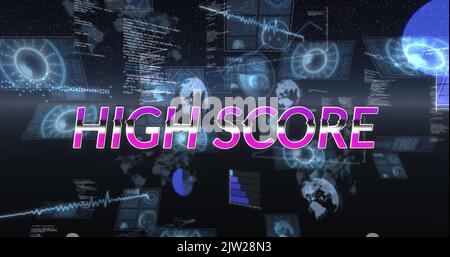 Image of high score text and data processing on black background Stock Photo