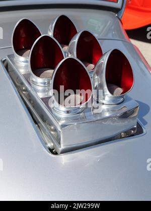 A fancy air intake arrangement on a classic hotrod. Stock Photo