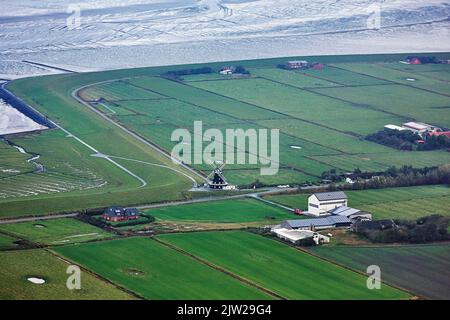 North Sea spa Pellworm with windmill, Nordermuehle on the dike, aerial view, Pellworm Island, North Frisia, Schleswig-Holstein, North Sea, Germany Stock Photo