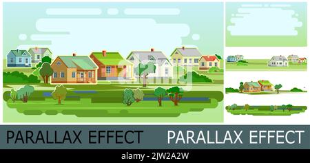 Outskirts of village. Suburb with small one-story and high-rise buildings. Image from layers for overlay with parallax effect. Cozy place of residence Stock Vector