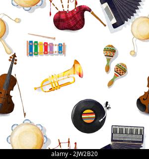 Seamless pattern with musical instruments in watercolors over white background Stock Photo