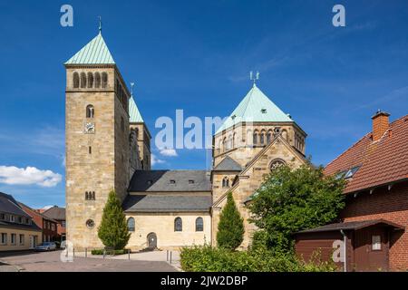 Germany, Rosendahl, Baumberge, Westmuensterland, Muensterland, Westphalia, North Rhine-Westphalia, NRW, Rosendahl-Holtwick, Catholic Parish Church Saint Fabian and Saint Sebastian, Baumberg sandstone, neo-Romanesque Stock Photo