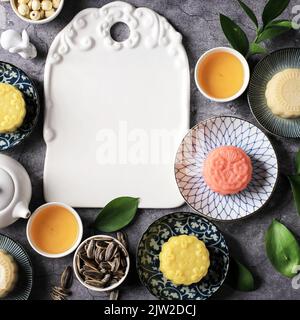 Top View Mochi Mooncake Snowskin Moon Cake for Mid Autumn Festival, Copy Space for Text. Selected Focus Stock Photo