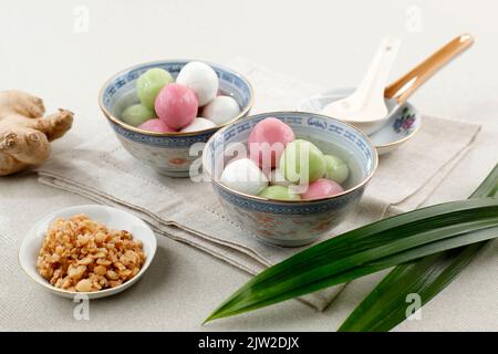 Ronde, Indonesian Traditional Warm Ginger Drink with Glutinous Rice Dumpling Balls. Sticky Rice Balls in Wedang Ronde Jahe Usually Stuffed with Choppe Stock Photo