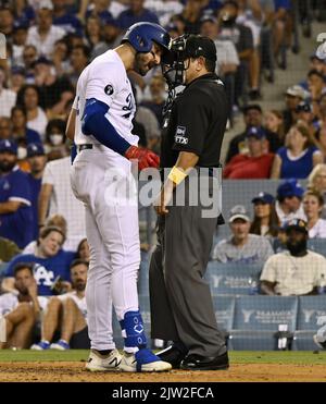 Los Angeles Dodgers Joey Gallo argues with home plate umpire Alfonso  Marquez after being called out