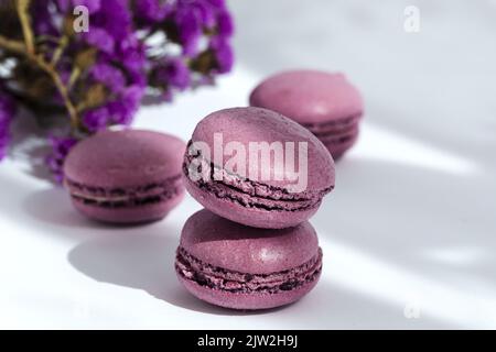 Closeup pair of delicious sweet macaroons of purple color stacked together on sunlit table in morning Stock Photo