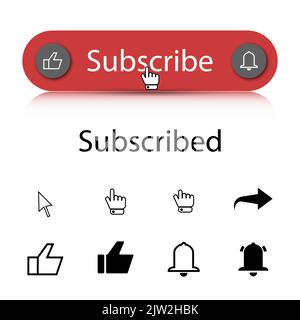 Red subscribe button with blog, video channel and social media icons set, vector illustration. Stock Vector