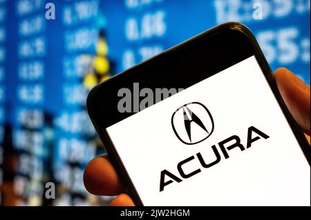 China. 25th July, 2022. In this photo illustration, the Japanese luxury automobile brand owned by automaker Honda, Acura, logo is displayed on a smartphone screen. (Photo by Budrul Chukrut/SOPA Images/Sipa USA) Credit: Sipa USA/Alamy Live News Stock Photo