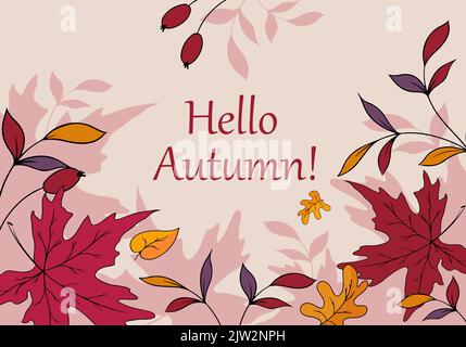 lettering hello autumn oak and maple leaves berries and twigs with small leaves Stock Vector