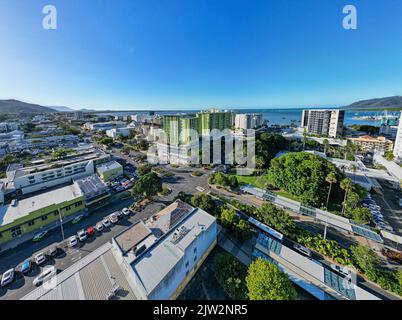 Aerial panorama of cityscape with ocean and perfect blue sky Stock Photo