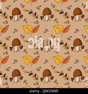 autumn pattern forest mushrooms and leaves with sprigs of berries Stock Vector