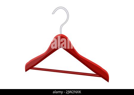 Hanger.Clothes wooden hanger with metal hook.Single empty red hanger.Equipment for clothes storage in closet,laundry,store,wardrobe,boutique,cloakroom Stock Vector