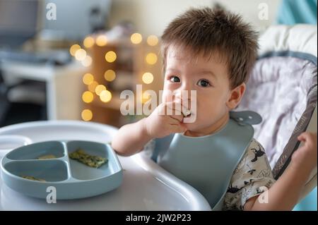 Baby boy eating by himself in his high chair at home. Adorable one year old baby having a meal holding food in his hands and eating at home Stock Photo